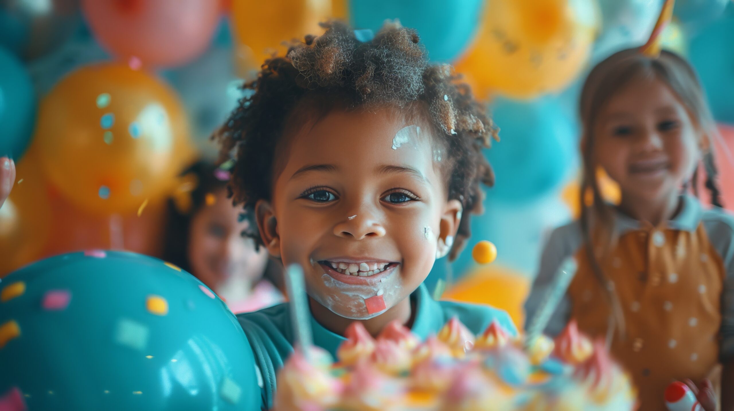 A young girl stands in front of a colorful birthday cake, looking excited and happy. The cake is adorned with candles and frosting, creating a festive atmosphere.
